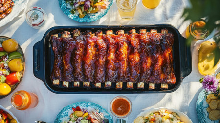 A vibrant outdoor picnic setup featuring a large tray of sticky, caramelized ribs, surrounded by colorful side dishes and drinks, perfect for a summer feast.の素材