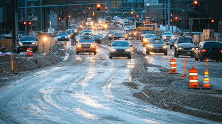 A view of a construction zone with temporary traffic lights directing vehicles, highlighting the adaptability of city traffic systems during projects.の素材