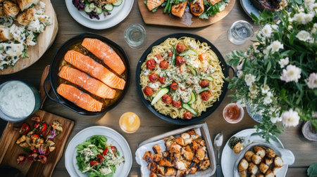 A vibrant seafood feast featuring various dishes with salmon, including pasta, salads, and grilled vegetables, capturing the joy of sharing a meal with loved ones.の素材
