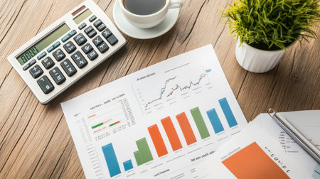An aerial view of a desk with financial reports, including a detailed banking graph, a calculator, and a cup of coffee, symbolizing a busy financial day.の素材