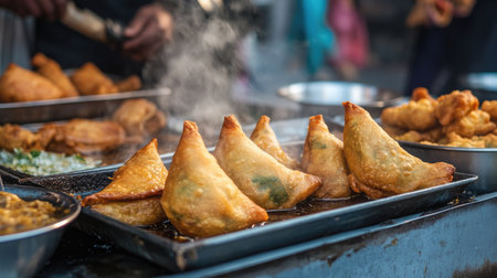A vibrant street food scene with a vendor preparing fresh samosas, with golden pastries sizzling in oil, highlighting the excitement of Indian street cuisine.の素材