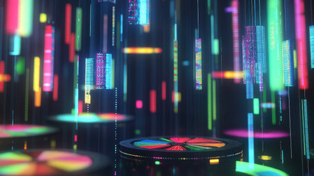 An artistic view of multiple 3D pie charts floating in a virtual space, each chart representing various datasets, emphasizing the concept of big dataの素材