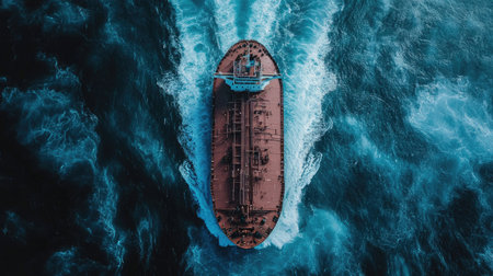 An aerial view of a large tanker navigating through choppy seas, showcasing the powerful presence of ships in the vastness of the ocean.の素材