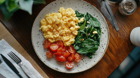 An artistic overhead shot of a breakfast table showcasing a plate of scrambled eggs with saut spinach and tomatoes, illustrating a healthy morning meal.の素材