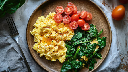 An artistic overhead shot of a breakfast table showcasing a plate of scrambled eggs with saut spinach and tomatoes, illustrating a healthy morning meal.の素材