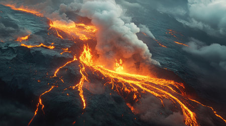 An aerial shot of a volcanic landscape, with glowing lava flows winding down the mountainside and ash clouds billowing, capturing the dramatic aftermath of an eruption.の素材