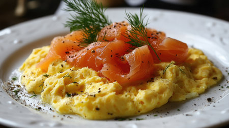 An elegant brunch setting featuring a gourmet version of scrambled eggs topped with smoked salmon and dill, showcasing a touch of luxury.の素材
