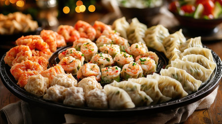 A vibrant shot of a platter featuring assorted dumplings, including shrimp and vegetable options, beautifully arranged for a festive celebrationの素材