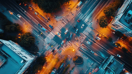 An aerial view of a busy intersection with multiple traffic lights controlling the flow of vehicles and pedestrians, showcasing the complexity of urban planning.の素材