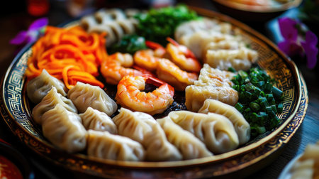 A vibrant shot of a platter featuring assorted dumplings, including shrimp and vegetable options, beautifully arranged for a festive celebrationの素材