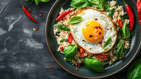 A vibrant plate of Thai basil fried rice topped with a perfectly fried egg, garnished with fresh basil leaves and chili, showcasing the dish's colorful appeal.の素材