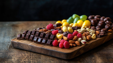 A vibrant display of colorful chocolate-covered fruits and nuts on a wooden platter, highlighting the delightful combinations of flavors and textures.の素材