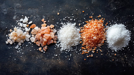 An artistic arrangement of various salt varieties, including Himalayan pink salt and sea salt, on a dark background, showcasing their unique textures and colors.の素材