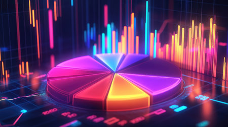An animated 3D pie chart with arrows and data labels, representing revenue breakdown across various sectors in a financial report, glowing with neon effects.の素材
