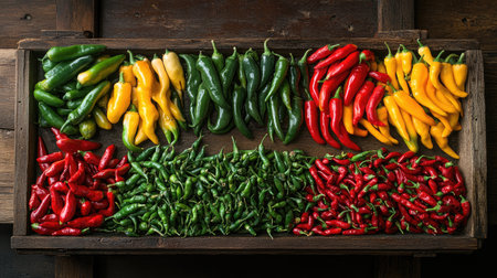 A vibrant display of various chili peppers, including red, green, and yellow varieties, arranged artistically on a rustic wooden table, showcasing their colors and shapes.の素材