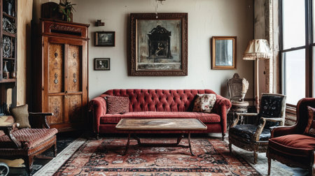 A vintage-inspired living room with a plush velvet sofa, patterned rugs, and antique wooden furniture, blending old-world charm with modern accents.の素材