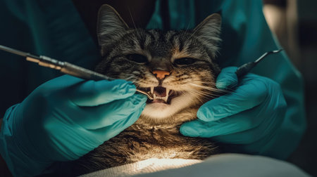A veterinarian performing a dental check-up on a cat, with dental tools and bright lighting, highlighting the importance of pet dental health.の素材