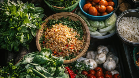 A vibrant market scene with fresh Thai basil and other ingredients displayed, showcasing the essential components of making basil fried rice.の素材