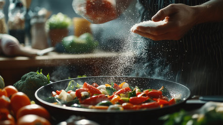 A vibrant kitchen scene with a chef sprinkling salt over a sizzling pan of vegetables, capturing the moment of enhancing flavors in a meal preparationの素材
