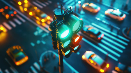 A vibrant close-up of a traffic light showing green, with cars moving smoothly through an intersection, symbolizing the flow of urban lifeの素材