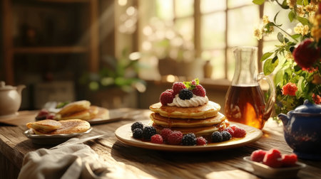 An inviting scene of a wooden dining table set for a brunch, featuring fluffy pancakes topped with maple syrup, fresh berries, and whipped cream, perfect for a cozy gathering.の素材