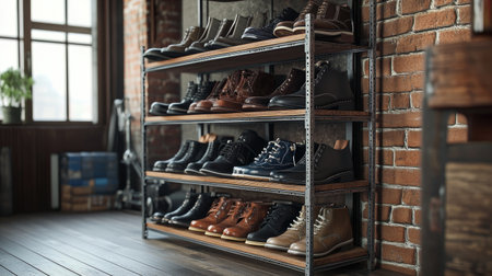An industrial-style shoe rack made of metal and wood, holding an eclectic assortment of shoes, set in a trendy loft space with exposed brick walls.の素材