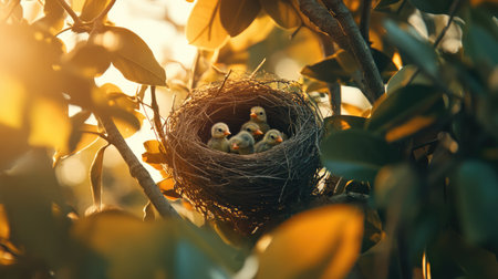 An overhead shot of a nest perched on a tree branch, with baby birds peeking out, framed by vibrant leaves and soft sunlight filtering through.の素材