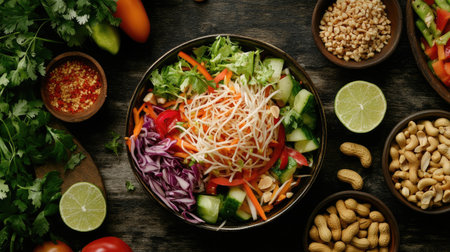 An overhead view of a colorful Thai salad, like som tam, featuring fresh vegetables, peanuts, and lime, beautifully arranged to showcase its freshness and flavor.の素材