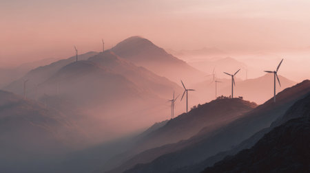 A breathtaking view of serene mountains featuring wind turbines surrounded by fog and soft sunrise light, creating a tranquil and eco-friendly atmosphere in nature.の素材