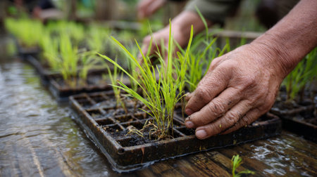 A farmer's hands skillfully plant young rice seedlings into a tray filled with rich soil, illustrating the meticulous process of nurturing crops in a vibrant agricultural setting.の素材