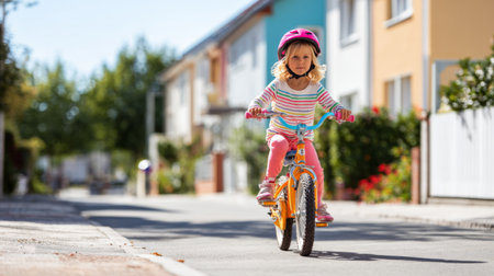A young girl rides her bicycle proudly on a sunny street, showcasing the joy of childhood in a colorful neighborhood filled with vibrant houses and greenery.の素材
