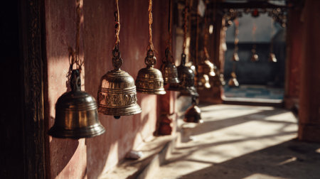 Explore the beauty of temple bells hanging in an ancient site, illuminated by soft natural light. Ideal for themes of spirituality, culture, and tranquility.の素材