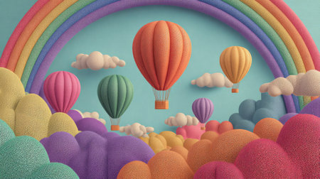 Vibrant hot air balloons soar across a whimsical sky, surrounded by fluffy clouds and a bright rainbow, creating a joyful and dreamy scene perfect for inspiration.の素材
