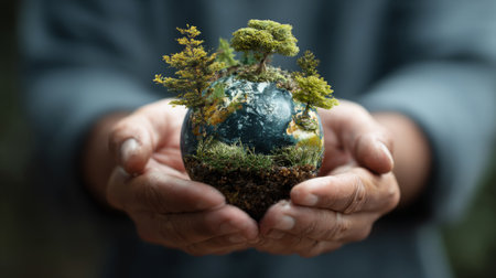 A pair of hands gently cradle a miniature Earth adorned with lush greenery and trees, symbolizing the importance of nature conservation and sustainable living.の素材