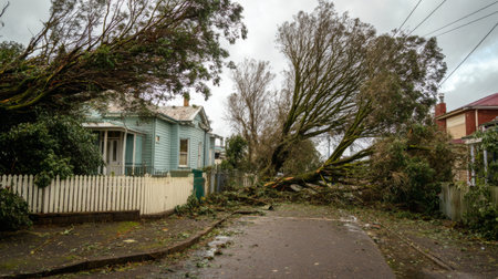 A fallen tree blocks a quiet urban street after a recent storm. This image showcases the impact of extreme weather on residential neighborhoods and landscapes.の素材