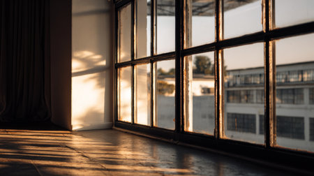 A serene view of warm evening light streaming through large windows in an urban loft, casting soft shadows on the floor and creating a peaceful ambiance.の素材