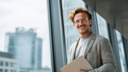 A confident man with glasses stands in a modern office holding a laptop, smiling at the camera. The bright atmosphere and city skyline create an inspiring work environment.の素材