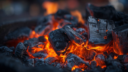 Close-up view of glowing charcoal embers in a firepit, showcasing vibrant red and orange hues. Ideal for representing warmth and the cozy atmosphere of outdoor gatherings.の素材