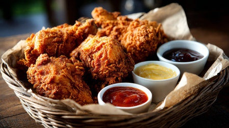 Delight in this crispy fried chicken served in a woven basket, paired with assorted dipping sauces, perfect for meals, gatherings, or casual dining experiences.の素材