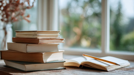 A quaint and inviting scene featuring a stack of books beside an open notebook on a rustic table, illuminated by soft sunlight streaming through a window.の素材