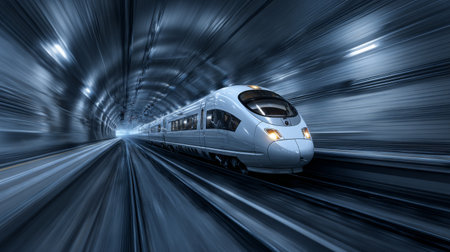 A high-speed train accelerates through a dark tunnel, embodying motion and adventure. The blurred scenery enhances the feeling of a rapid journey in a modern transport setting.の素材