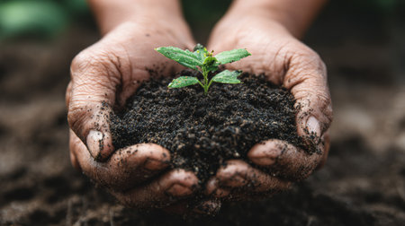 A pair of hands cradles rich, dark soil with a vibrant green seedling, showcasing the beauty of growth and nurturing in natureの素材