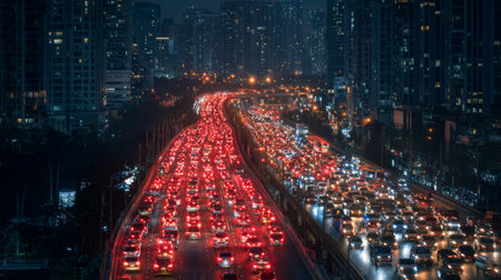 A captivating view of a bustling urban traffic jam at night, with vibrant red and white lights from vehicles contrasting against the city skylineの素材
