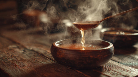 A close-up view of hot soup being poured from a spoon into a rustic wooden bowl. The steam rising creates a cozy and inviting atmosphere, perfect for a warm meal.の素材