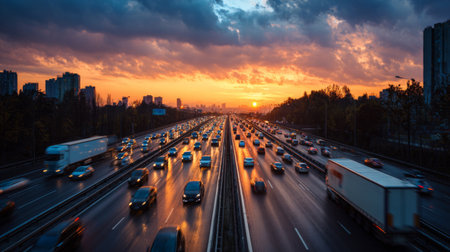 A vibrant urban highway bustling with vehicles at sunset. Dramatic clouds reflect the evening light, highlighting the energy of city life during rush hour.の素材
