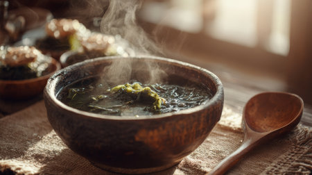 A beautifully arranged bowl of steaming herbal soup captures warmth and freshness, perfect for showcasing culinary creativity and comfort food appeal in photography.の素材