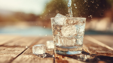 A stunning close-up of a refreshing beverage with ice being poured into a clear glass. The sunlight creates a sparkling effect, adding beauty to this summer scene.の素材
