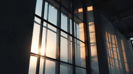 This image captures morning sunlight pouring through large industrial windows, creating soft shadows and warm tones, perfect for minimalistic interior design inspiration.の素材