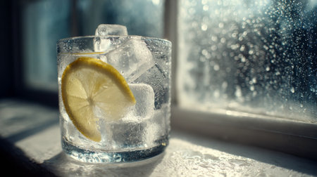 A refreshing glass of lemonade filled with ice cubes and topped with a slice of lemon, set against a sunlit window, perfect for summer sipping and relaxation.の素材