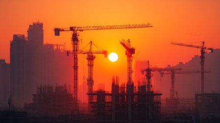 A stunning sunset casts a warm orange glow over a city construction site. Tower cranes silhouette against the vibrant sky, symbolizing urban development and growth.の素材